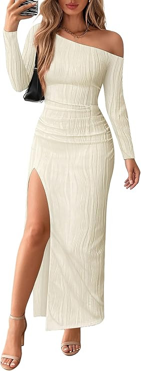 Lazysmile Womens Long Sleeve Maxi Dresses Off Shoulder Bodycon Cocktail Formal Wedding Guest Slit... | Amazon (US)