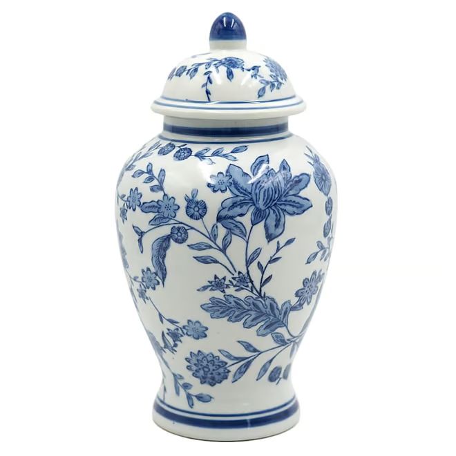 Blue & White Floral Porcelain Jar, 11" | At Home