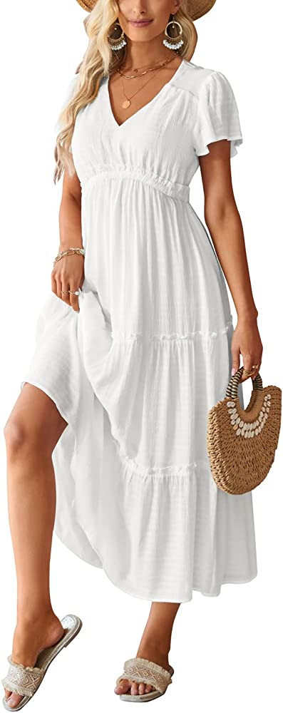 Arach&Cloz Womens' 2023 Spring Summer Maxi Dress White Dress Beach White Beach Dress Beach Formal | Amazon (US)