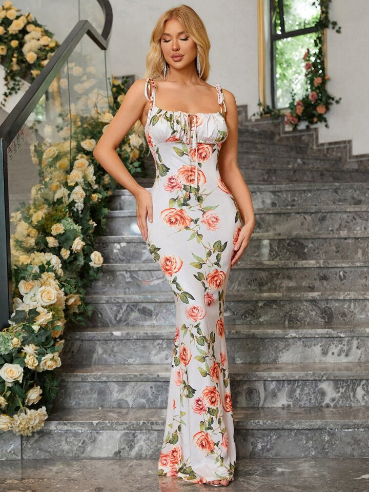 PARTHEA Tie Shoulder Fishtail Hem Floral Print Prom Maxi Dress | SHEIN