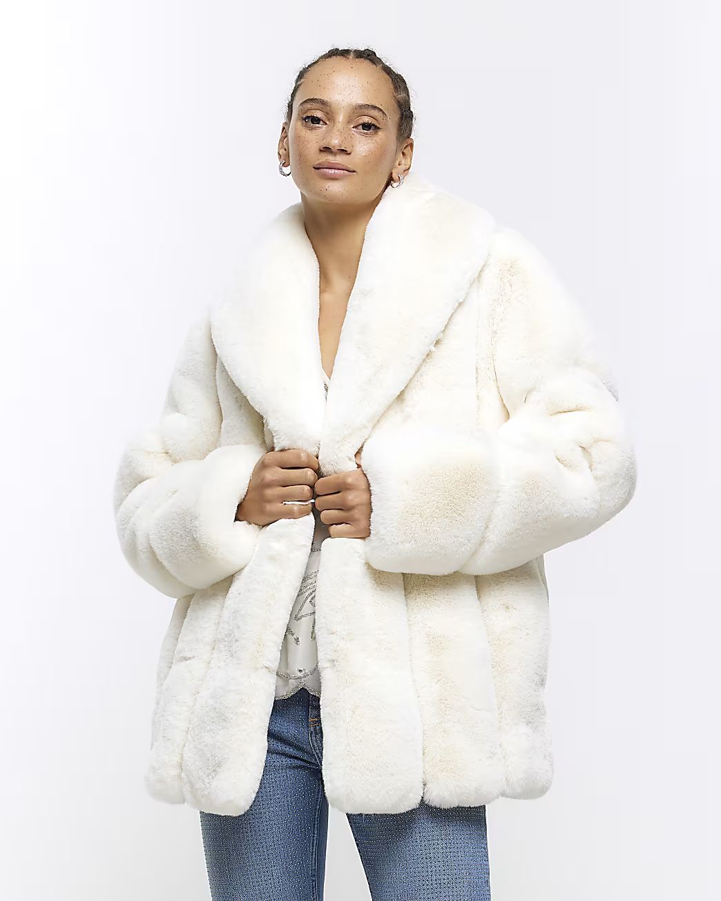 Cream panelled faux fur coat | River Island (UK & IE)