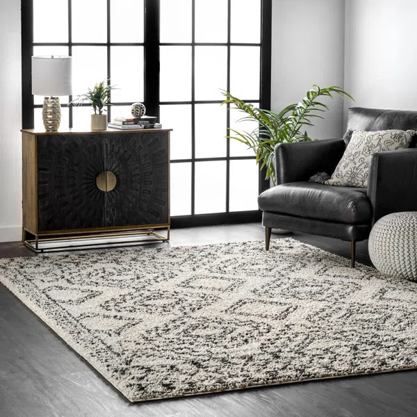 Spurling Moroccan Shag Power Loom Performance Cream/Charcoal Gray Rug | Wayfair North America