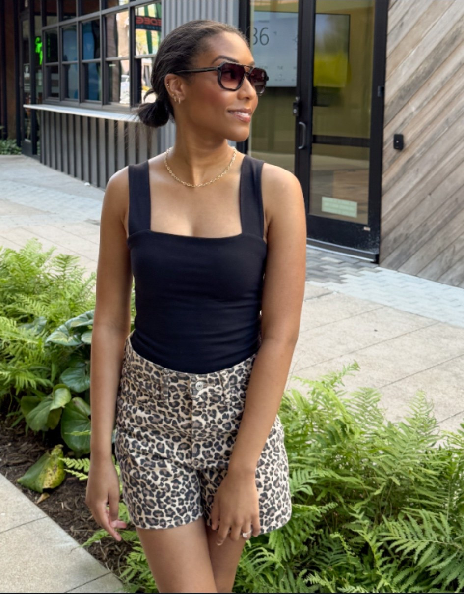 Leopard print shorts, denim shorts, printed shorts, bodysuit 

These shorts run big, so size down!

#LTKPetite