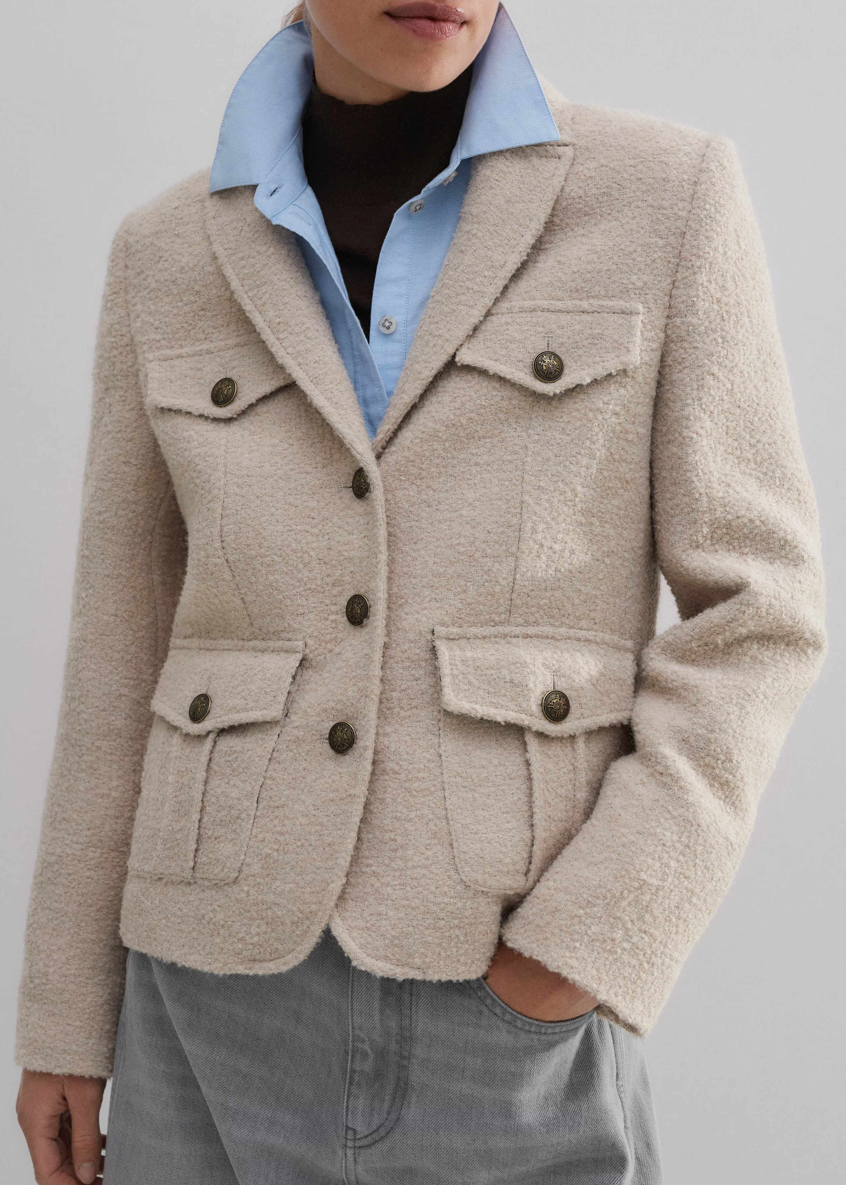 Women's Brown Bouclé Pocket Detail Jacket | ME+EM | ME+EM US