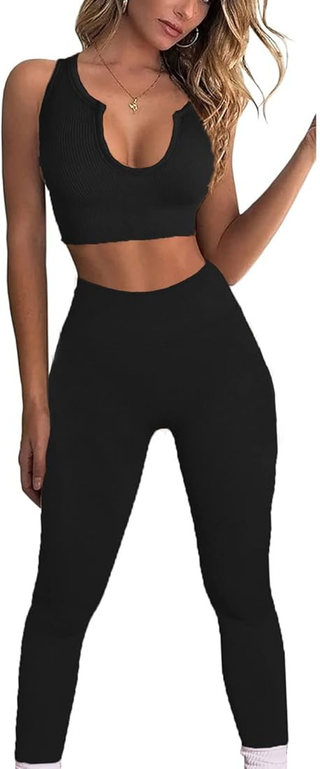 JN JANPRINT Seamless Yoga Workout Set 2 Piece for Women Ribbed Exercise Outfits Sports Bra High Wais | Amazon (CA)