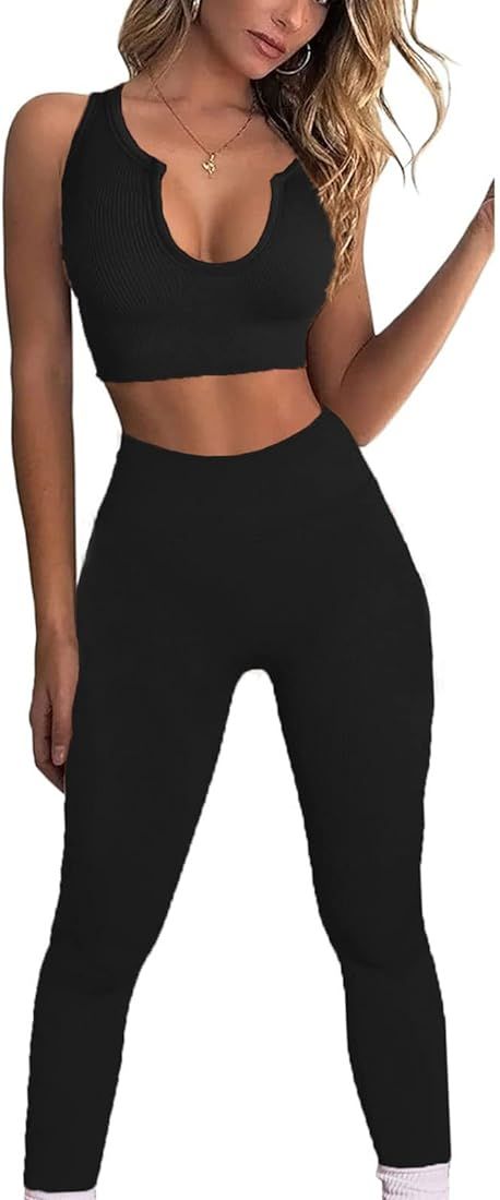 JN JANPRINT Seamless Yoga Workout Set 2 Piece for Women Ribbed Exercise Outfits Sports Bra High Wais | Amazon (CA)