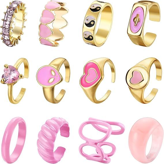 Sailimue 12 Pcs Y2K Colorful Rings Acrylic Plastic Resin Rhinestone Gem Alloy Rings Pink Orange P... | Amazon (US)