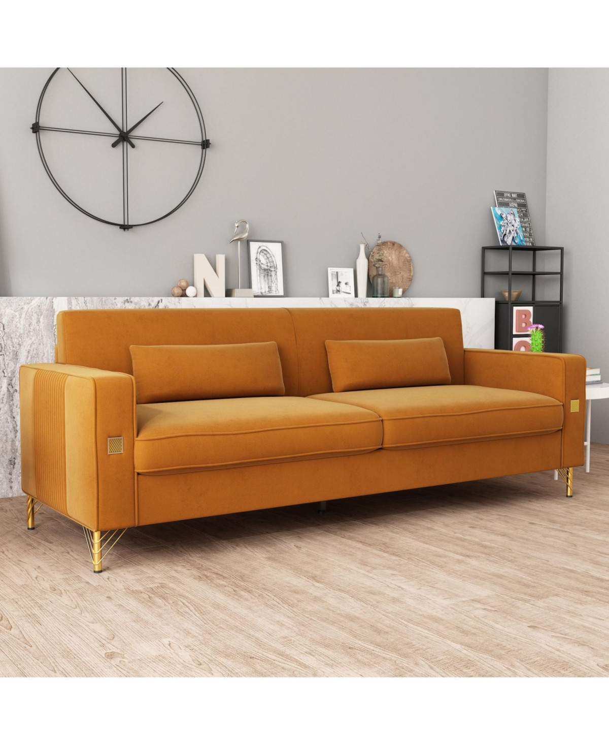 Streamdale Gold Accented Velvet Sofa - 3-Seat Couch for Living Room and Office - Orange | Macy's
