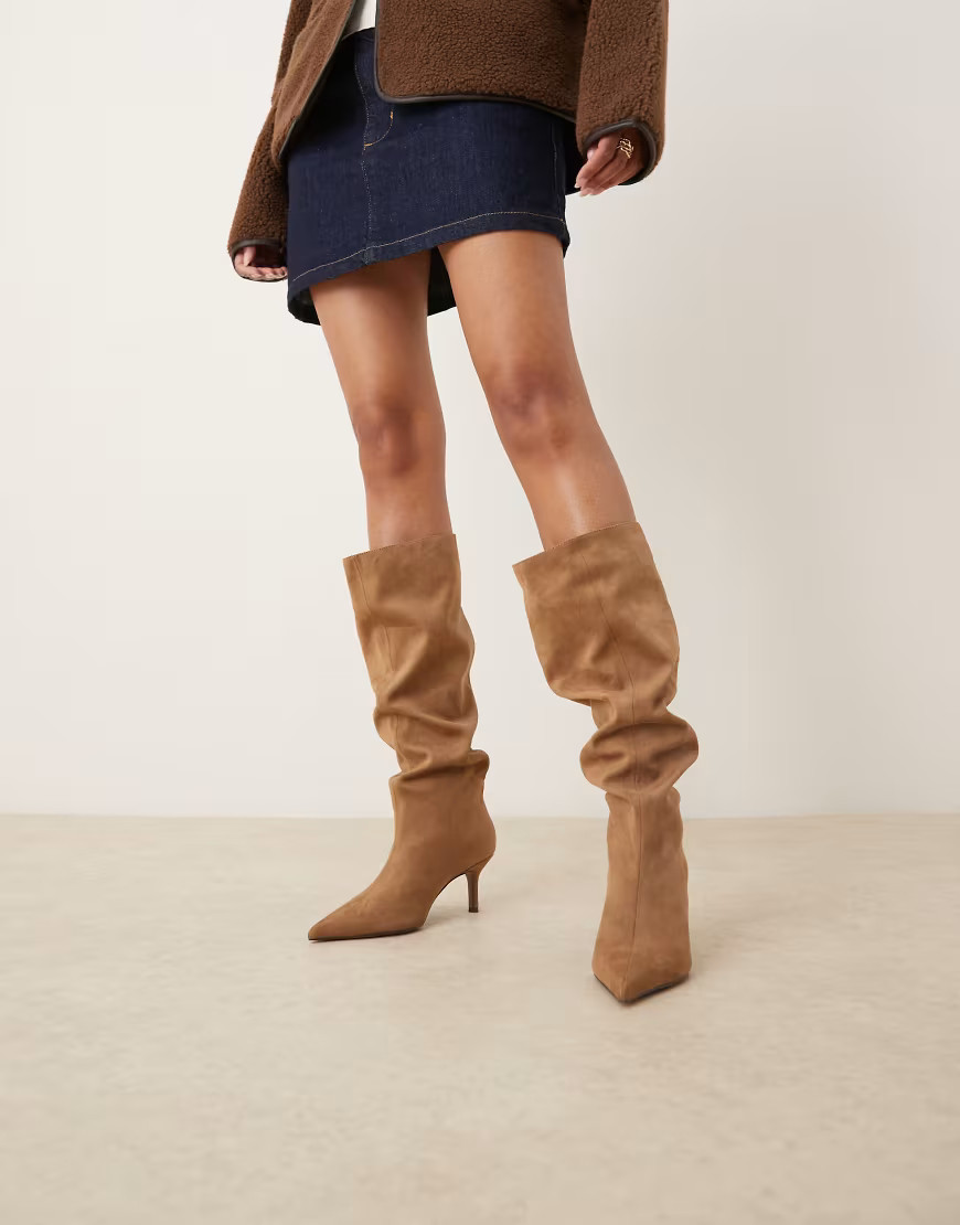 ASOS DESIGN Cydney slouch pull on knee boots in sand suedette-Neutral | ASOS (Global)