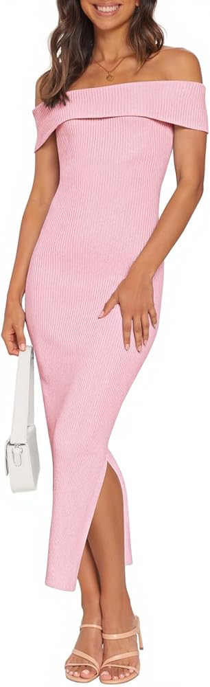 MEROKEETY Women's 2025 Off Shoulder Bodycon Midi Dress Summer Spring Formal Elegant Knit Sweater ... | Amazon (US)