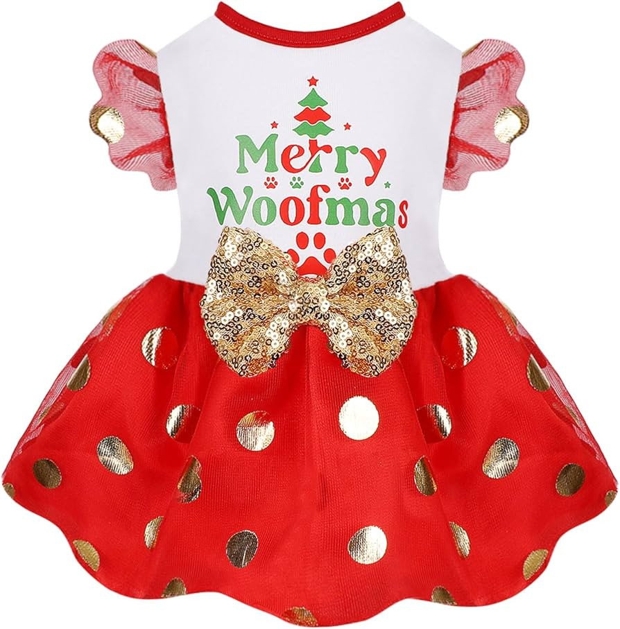 Dog Christmas Dress Fly Sleeve Dot Tulle Dress with Sparkly Bowknot Dog Winter Clothes for Small ... | Amazon (US)