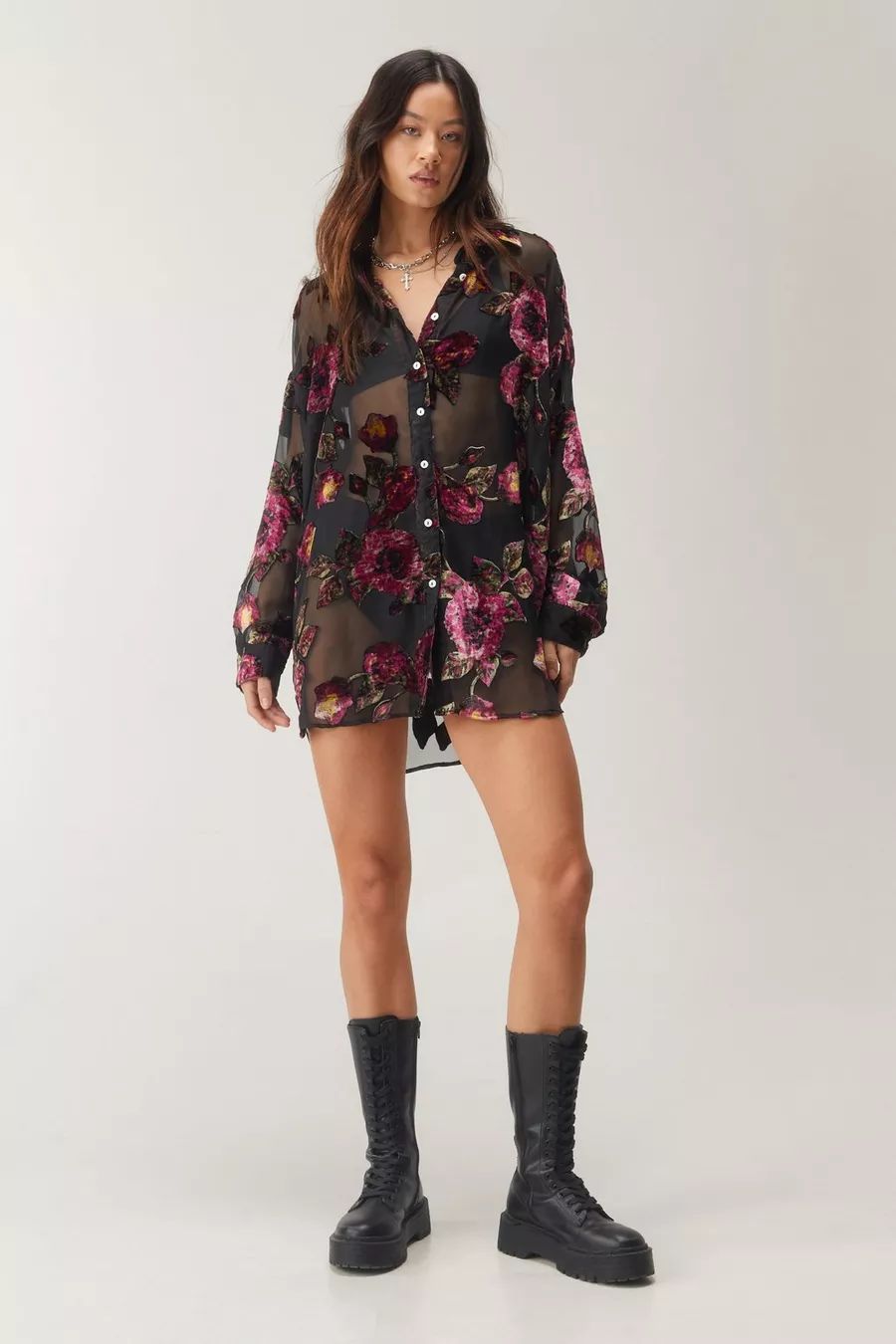 Devore Oversized Sheer Floral Shirt | Nasty Gal US