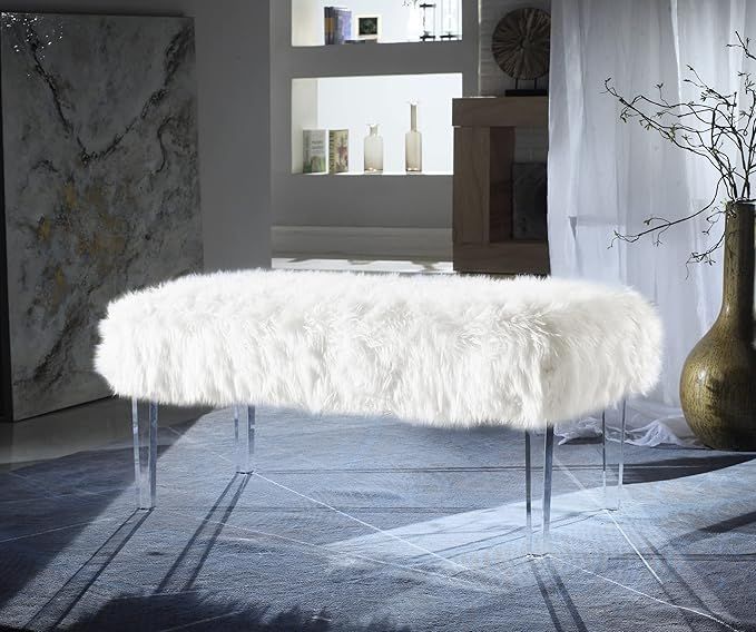 Iconic Home Trento Modern Contemporary Faux Fur Acrylic Leg Bench, White | Amazon (US)