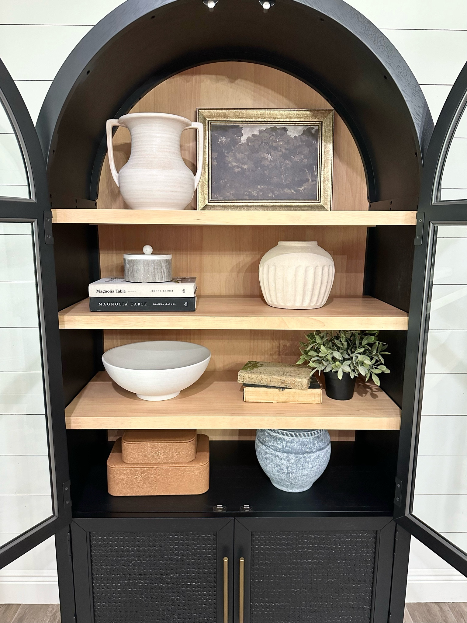 Enzo bookcase, black arched cabinet, cabinet decor, organic modern decor, white vase, white bowl, ceramic vase. New spring target line, studio McGee line. 

#LTKstyletip #LTKhome