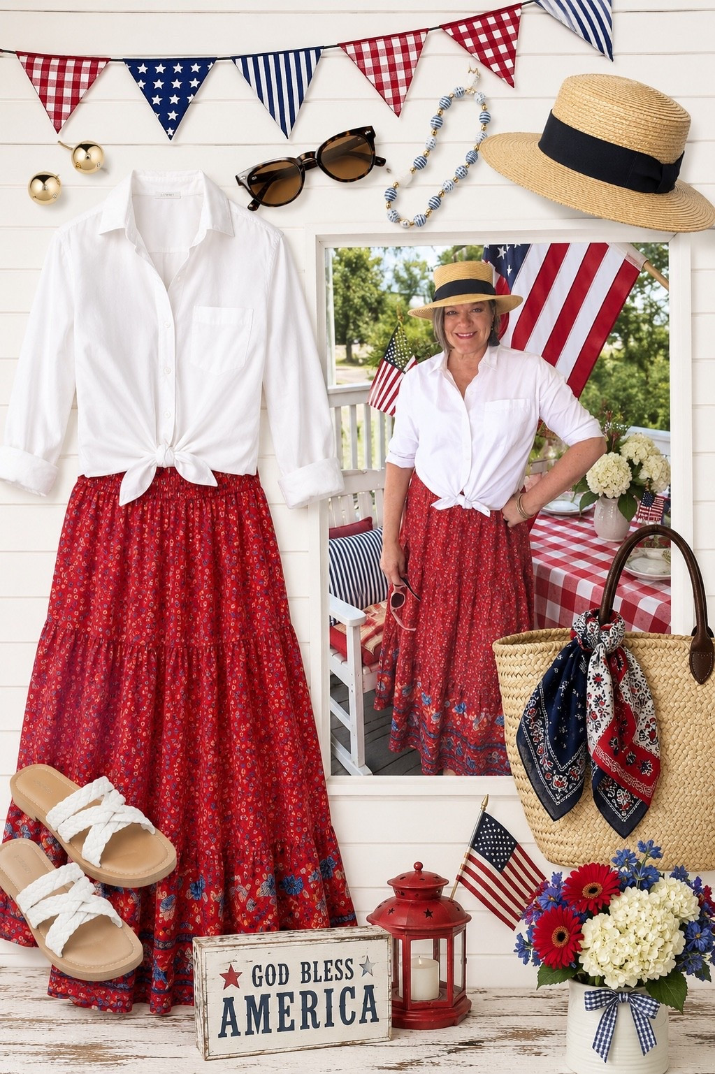 Get ready for the 4th with a cute flowy skirt from Amazon, tie a white blouse  at waist, add some sandals a straw hat and bag. Perfect for picnics, lunching, backyard bbq. 
#redwhiteblueoutfit #fashionover50 #happy4th

#LTKMidsize #LTKgrwm
