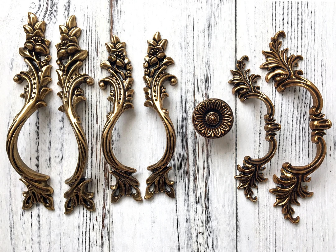 Antique Gold Brass Cabinet Door Handle Pulls Drawer Pull Handles Dresser Kitchen Retro Leaf Leafy... | Etsy (US)