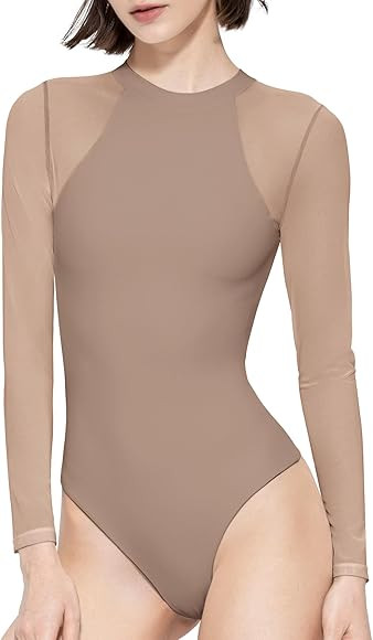 PUMIEY Mesh Long Sleeve Bodysuit for Women Crew Neck Body Suits Sexy Sheer Tops Smoke Cloud Pro C... | Amazon (US)