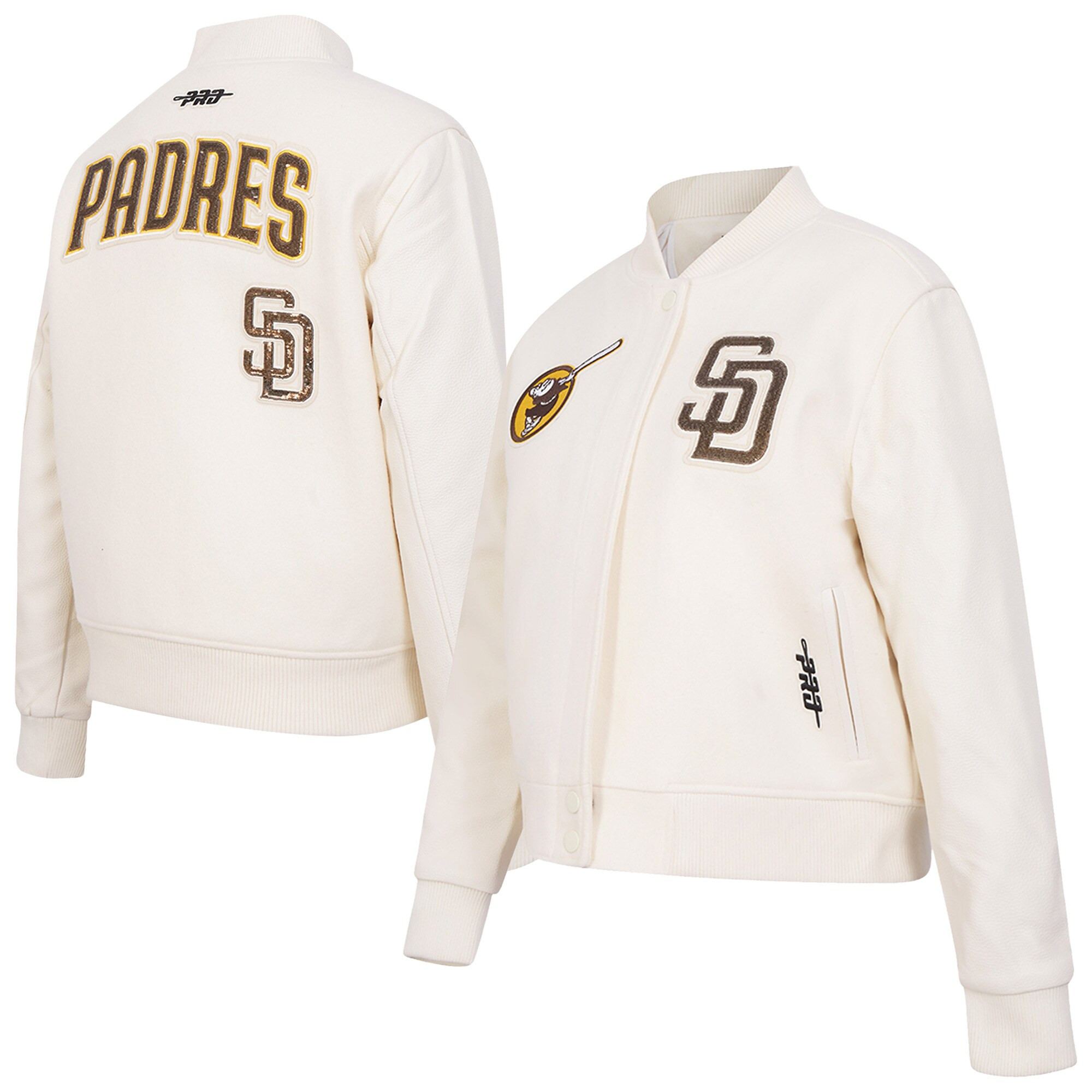 Women's San Diego Padres  Pro Standard Cream Game Day Classics Wool Varsity Jacket | MLB Shop