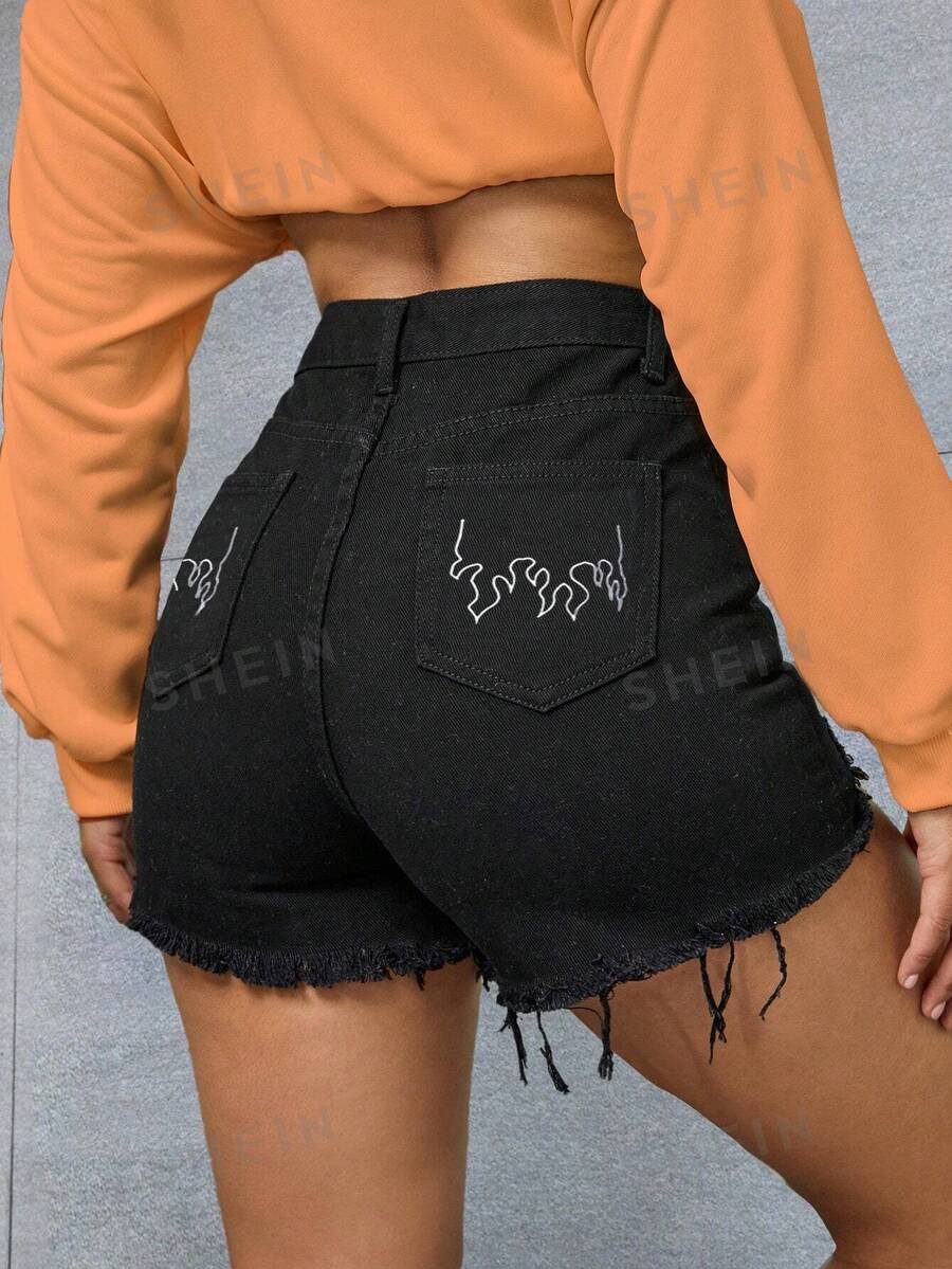 Fire Graphic Raw Hem Denim Shorts | SHEIN