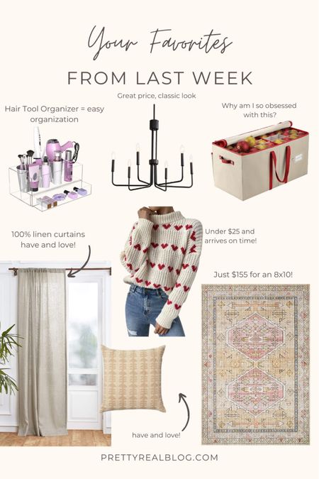 Your most purchased from last week! Valentine’s Day sweater, block print pillow, linen curtains, black chandelier, ornament storage, Christmas storage, bathroom organization, hair tool organizer, pink and gold vintage inspired rug, pink geometric rug 

#LTKhome #LTKunder50 #LTKSeasonal