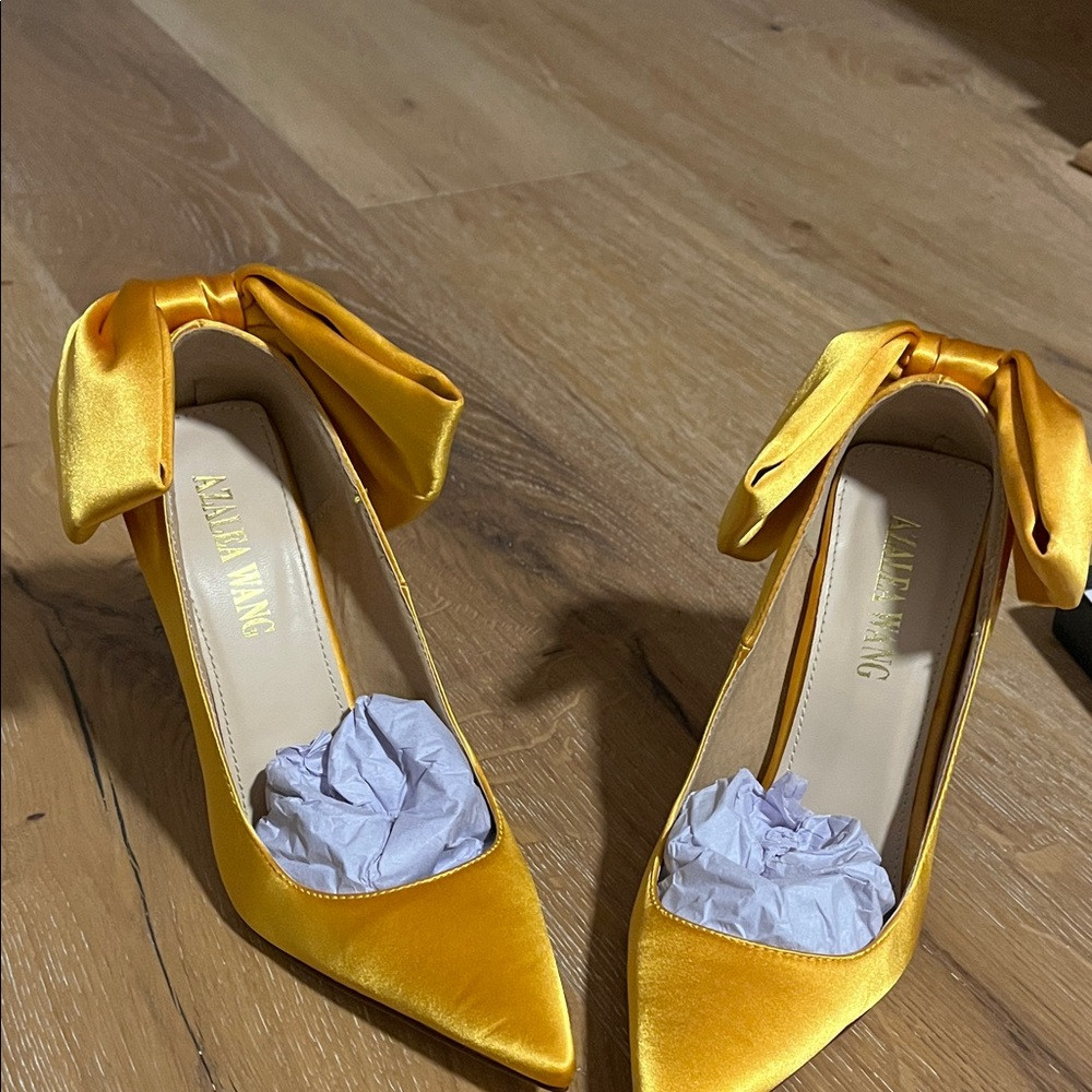Azalea Wang Yellow Satin Bow Heels | Poshmark