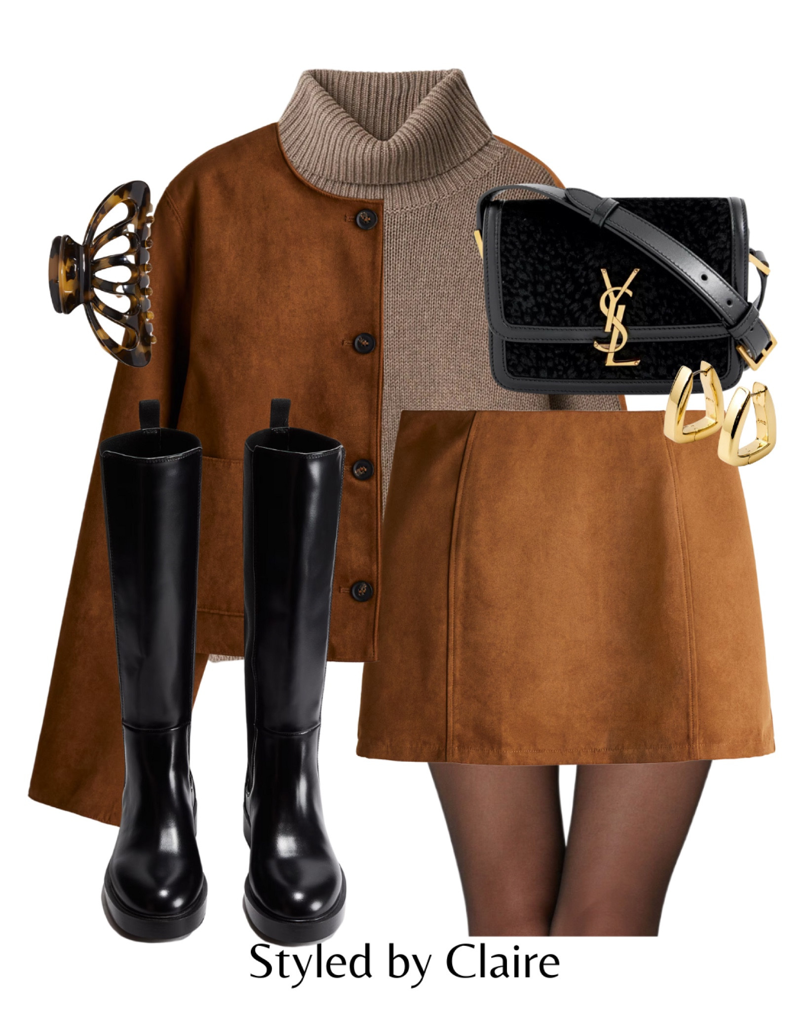 A dreamy suede set😮‍💨
Tags: napped chestnut jacket H&M mini skirt mocha mousse knit jumper black knee high boots hair claw clip YSL bag earrings fashion winter spring inspo outfit ideas casual city break Parisian style chic women cashmere brunch

#LTKstyletip #LTKshoes