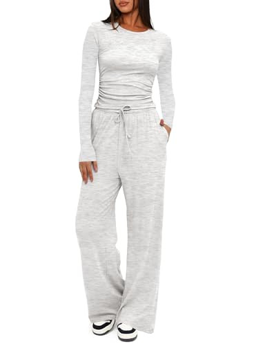 Darong Women's 2 Piece Lounge Sets Long Sleeve Tops Wide Leg Pants Casual Outfits Pajama Set Fall Collection 9065A White Grey S | Amazon (US)