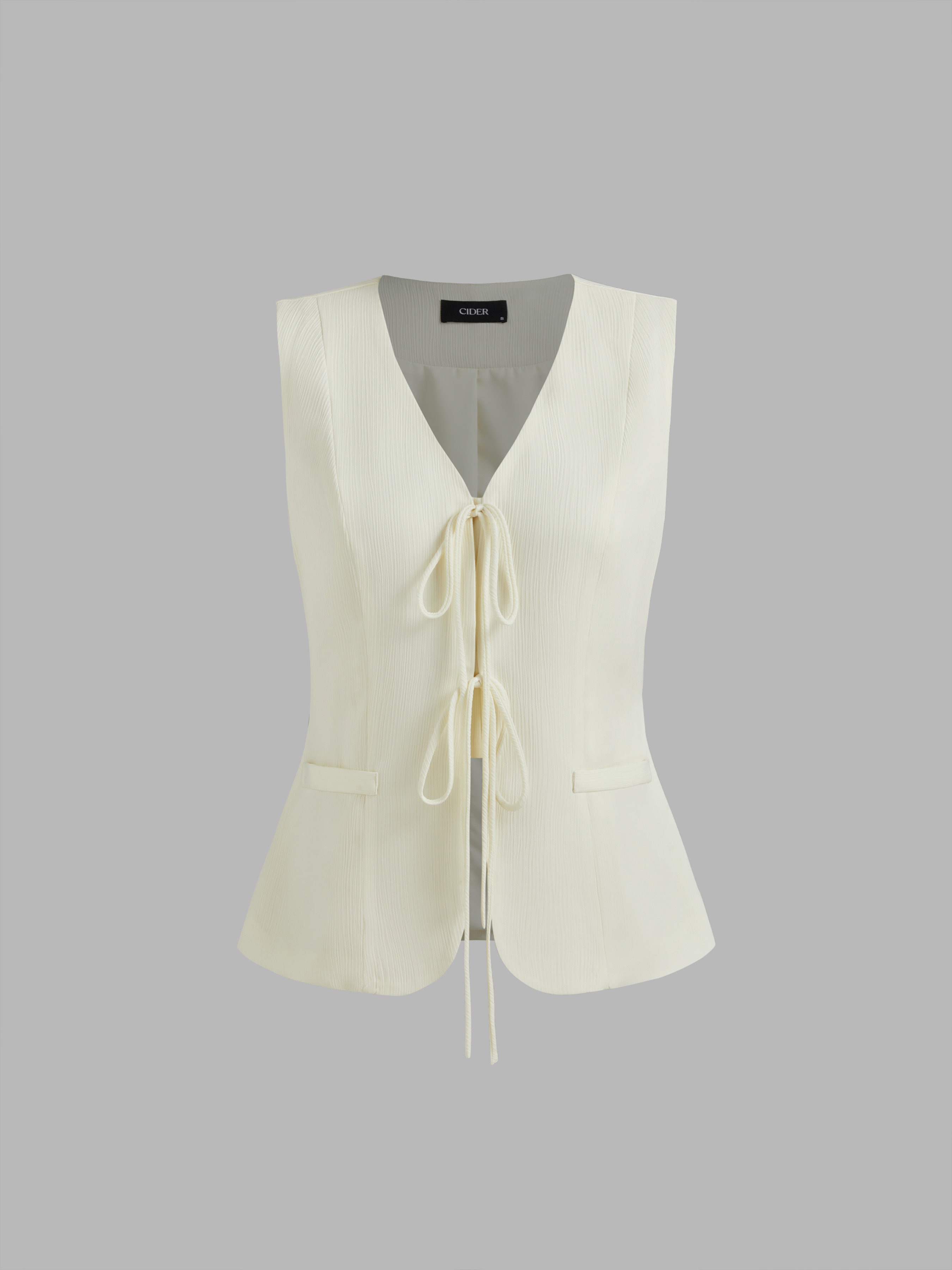 Woven V-neck Solid Tie Front Bow Pocket Vest For Date Holiday | Cider