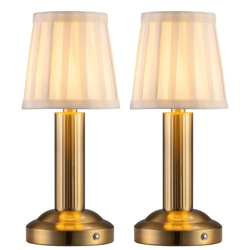 NEWSEE Mini Cordless Table Lamp 2 Pack - 11.4" Stepless Dimmable Touch Lamp with Fabric Shade, Small LED Lamps, 4000mAh Rechargeable Battery Operated Lamps for Dinning Room, Bedroom, Bar (Gold) | Amazon (US)