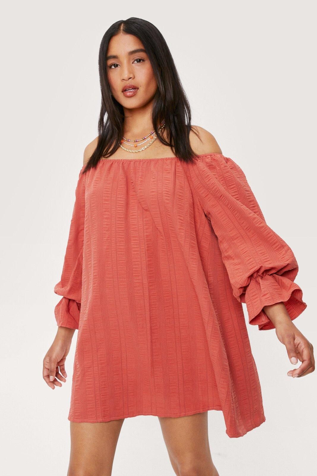 Textured Off the Shoulder Mini Smock Dress | Nasty Gal Canada