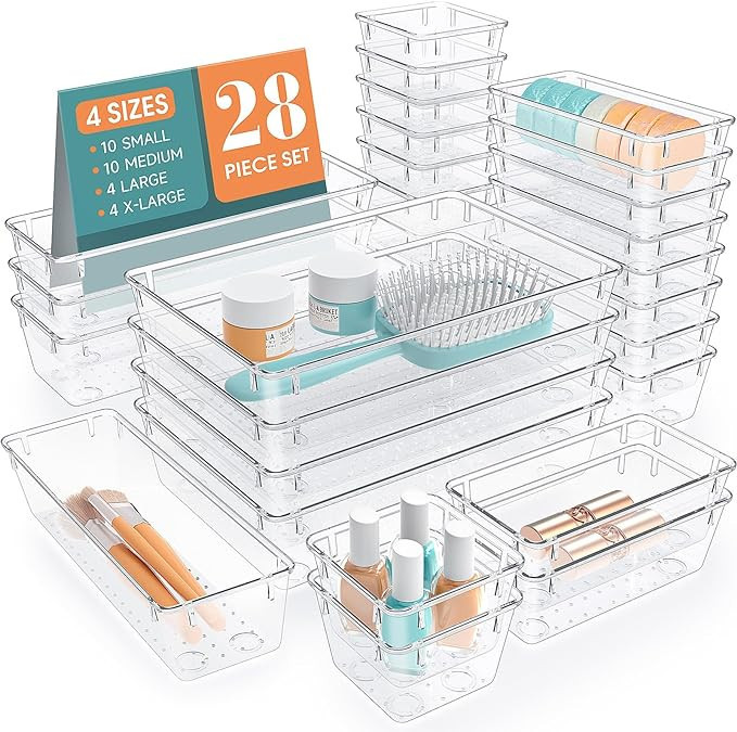 StorMiracle 28 PCS Clear Plastic Drawer Organizers Set, 4 Size Desk Drawer Organizer Trays for Ma... | Amazon (US)