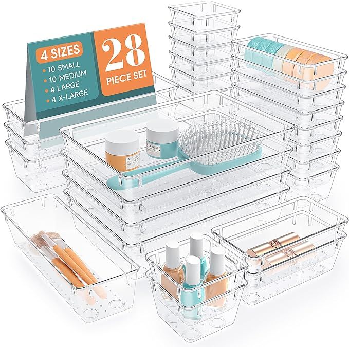 StorMiracle 28 PCS Clear Plastic Drawer Organizers Set, 4 Size Desk Drawer Organizer Trays for Ma... | Amazon (US)