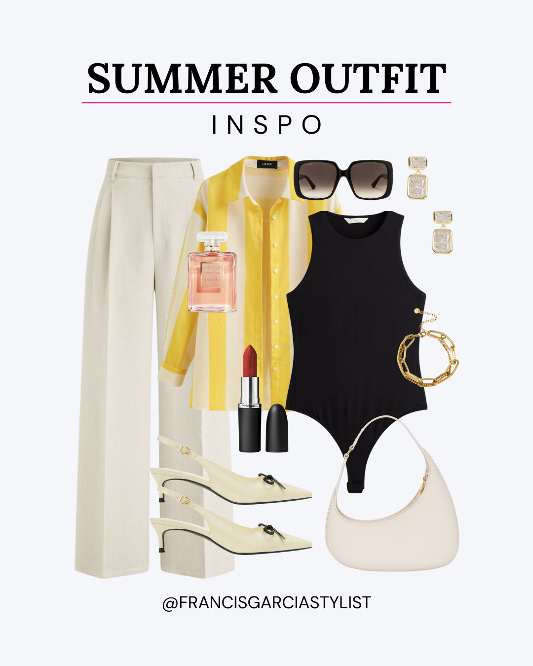 Summer Outfit Inspo // Summer, Summer Outfits, Beach Outfits, Classy, Outfits, Outfit Inspo, Outfit Ideas, Fashion, Trendy Outfits, Summer Bag, Summer Handbag, Luxury Bag, Swimsuit, Swimsuits 2025, Summer Trousers, Trouser Pants, Beach Shirt, Pumps, Shoes 2025, Shoes Women, Sunglasses, Sunglasses 2025, Sunglasses Womens, Earrings, Gold Earrings, Bracelet, Bracelet Stack, Gold Bracelet Stackable, Gold Bracelet Stack, Gold Bracelets, Lipstick 

 #LTKStyleTip #LTKShoeCrush #LTKItBag