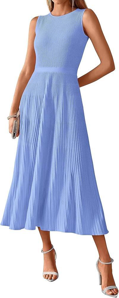 BTFBM Women's Midi Bodycon Tank Dress Summer Crewneck Rib Knit Sleeveless Pleated Swing A Line Bu... | Amazon (US)