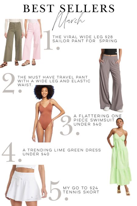 Here’s our most popular links for the month of March.  The viral $28 wide like pants from target, the perfect travel pants, one piece swimsuits for $30 and under, spring dresses, and affordable tennis skirts.

#Swim #TargetStyle #TravelPants #SpringDress #TennisOutfit #TennisSkirt 

#LTKxTarget #LTKtravel #LTKActive