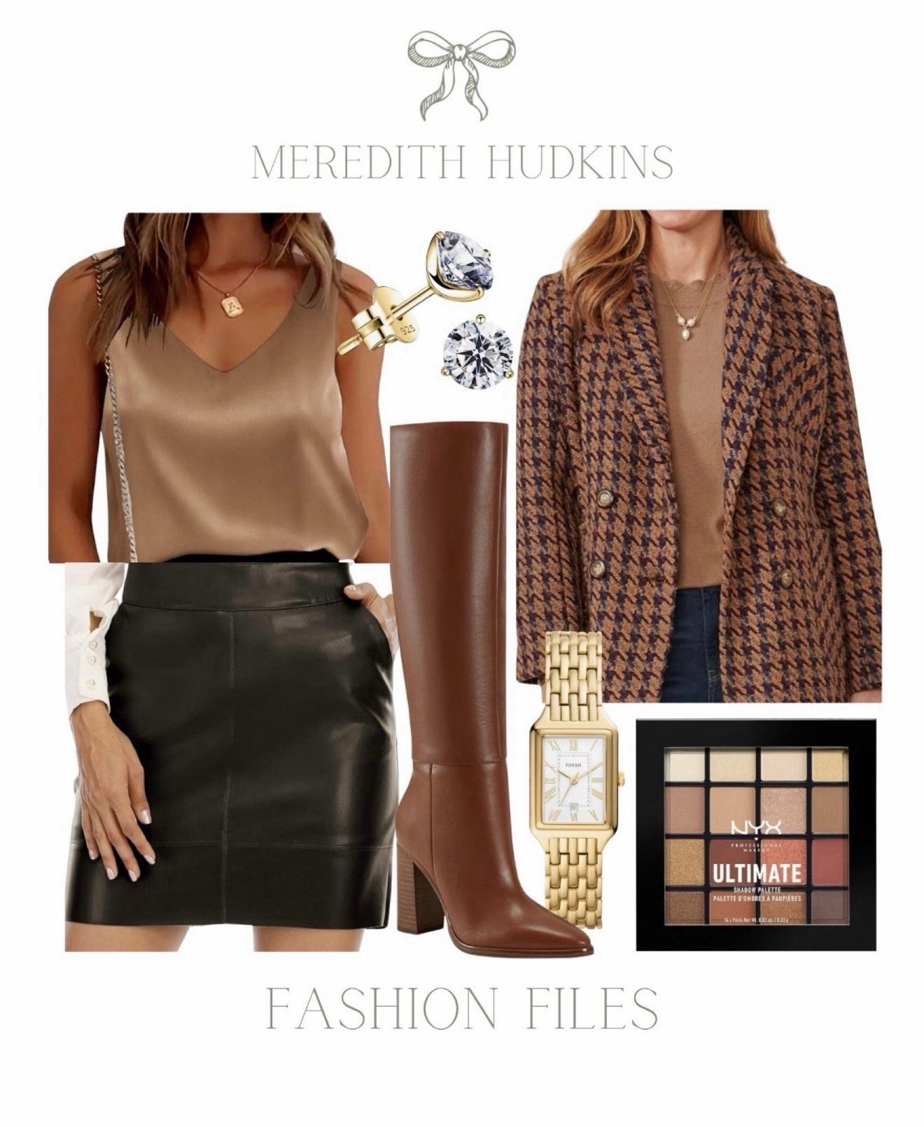 Women's fashion, meredith hudkins, amazon fashion, ootd, fall outfit, winter look, chic, timeless, classic, traditional, affordable, trending, tweed blazer, Houndstooth, leather skirt, knee high boots, Marc Fisher, silk, satin tank, blouse, fossil watch, women's watch, accessories, jewelry, beauty, fashion, makeup, nyx eyeshadow palette, diamond earrings, thanksgiving outfit, work attire, night out 

#LTKFindsUnder50 #LTKFindsUnder100 #LTKSaleAlert