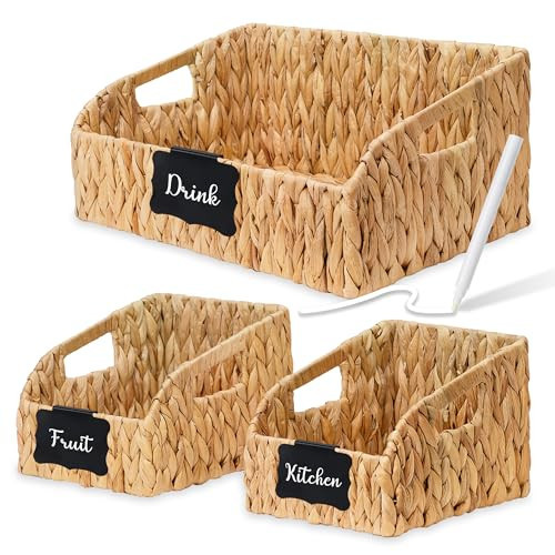 Stylave Pantry Organizers, Large Wicker Baskets for Shelves, Handwoven Labeled Storage Baskets for Organizing with Handles-Water Hyacinth Storage Bins, Boho Decorative, 3Pack, Natural | Amazon (US)