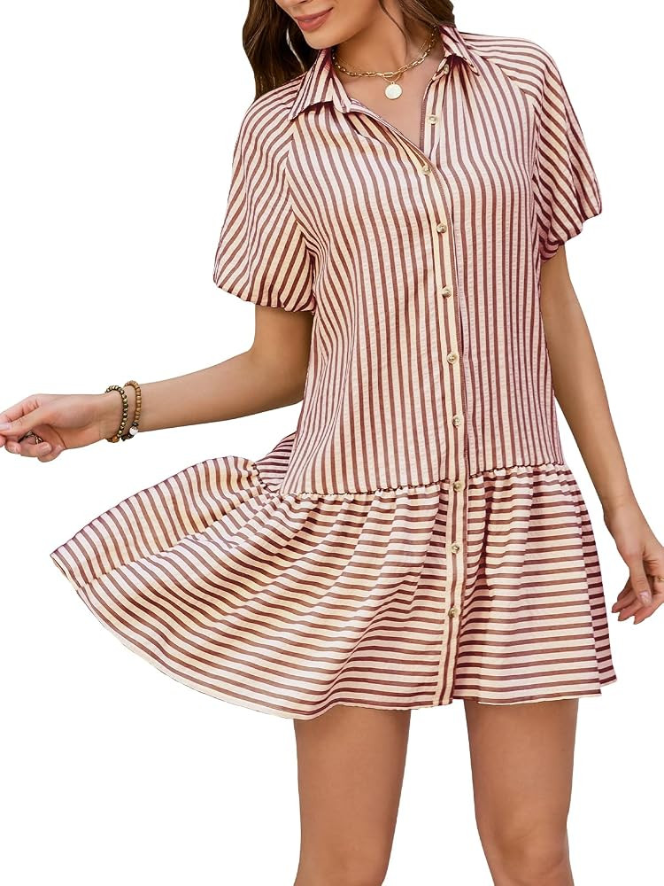 Womens Summer Striped Shirt Dress Short Puff Sleeve Button Down Ruffle Flowy Dress Loose Fit Casu... | Amazon (US)