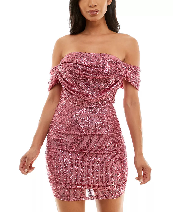 bebe Off-The-Shoulder Draped Sequin Mini Dress & Reviews - Dresses - Juniors - Macy's | Macys (US)