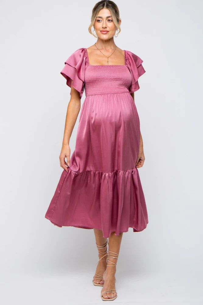 Mauve Satin Flutter Sleeve Maternity Midi Dress | PinkBlush Maternity