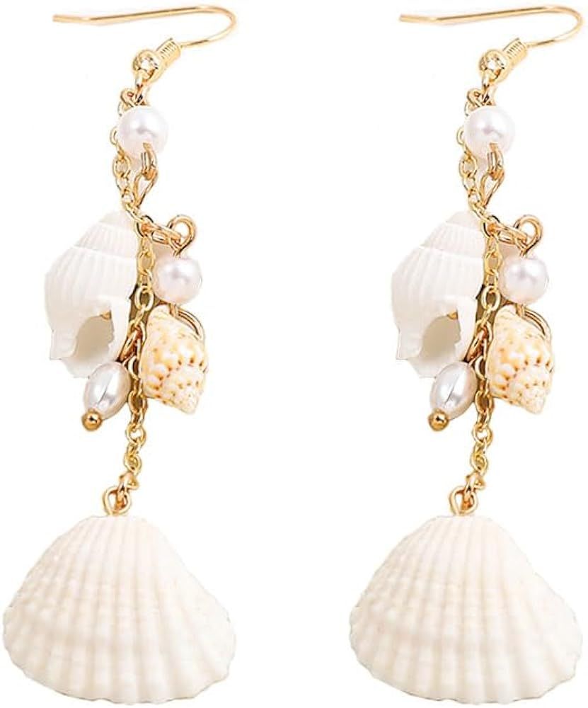 Natural Seashell Sea Conch Drop Earrings White Shell Faux Pearl Long Tassel Dangle Earrings Beach... | Amazon (US)