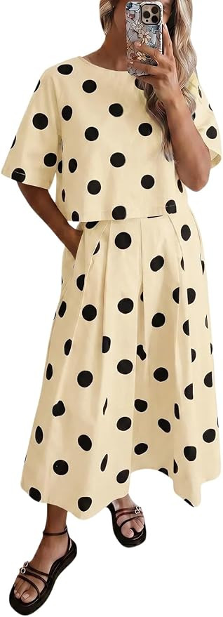 Tankaneo Womens Polka Dot 2 Piece Skirt Sets Summer Tie Back Tops Pleated Maxi Skirts Matching Se... | Amazon (US)
