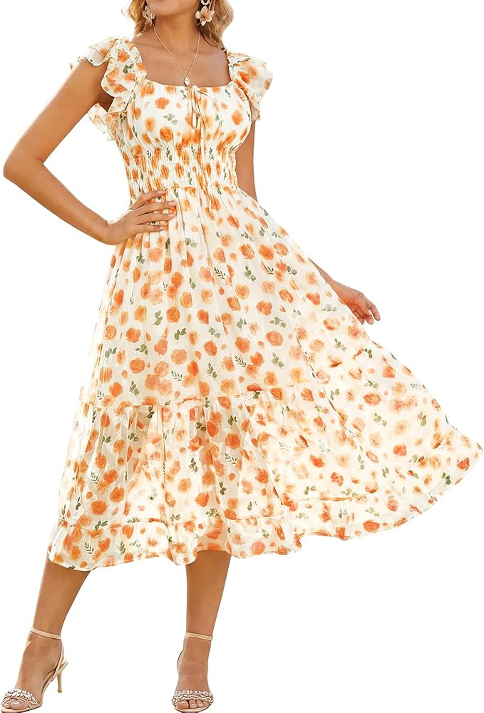 GRACE KARIN 2026 Women's Spring Floral Midi Dress Square Neck Beach Wedding Guest Dresses Flowy A... | Amazon (US)