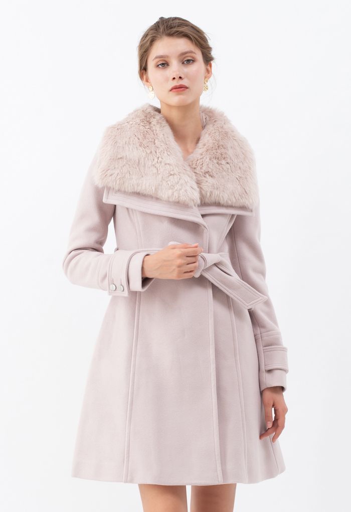 Faux Fur Wide Lapel Wool-Blend Coat in Pink | Chicwish