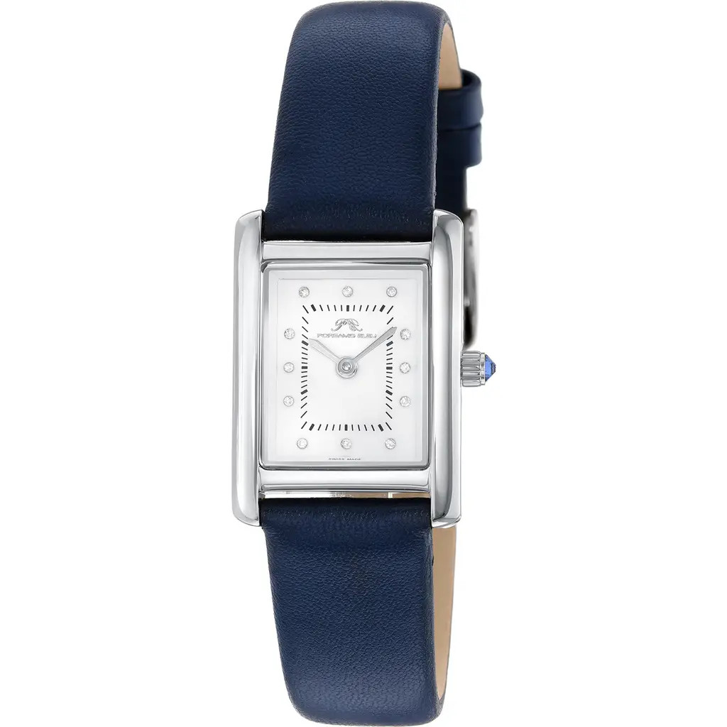 PORSAMO BLEU Karolina Diamond Leather Strap Watch, 21.5mm x 30mm - 0.06 ctw in Silver-Blue at Nordstrom Rack | Nordstrom Rack