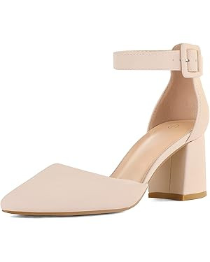 mysoft Women's Pointed Toe Low Chunky Heels Closed Toe Ankle Strap Dress Pump Shoes | Amazon (US)