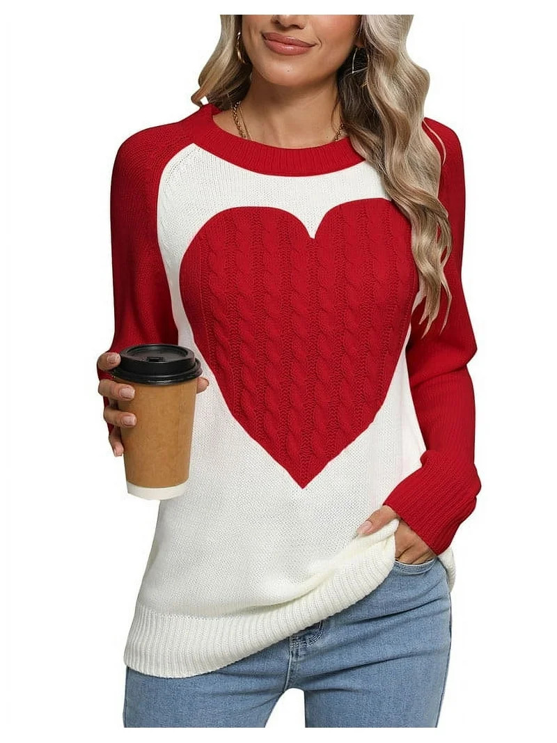 Heart Sweaters for Women Valentine's Day Color Block Splicing Casual Loose Cute Pullover Sweater ... | Walmart (US)