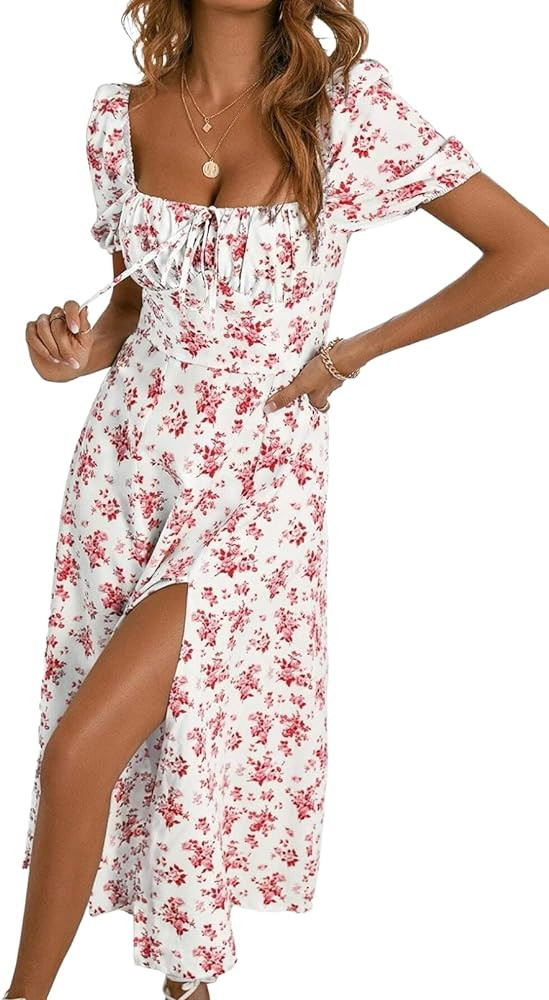 BLENCOT Casual Womens Summer Short Sleeve Square Neck Split Midi Dresses | Amazon (CA)