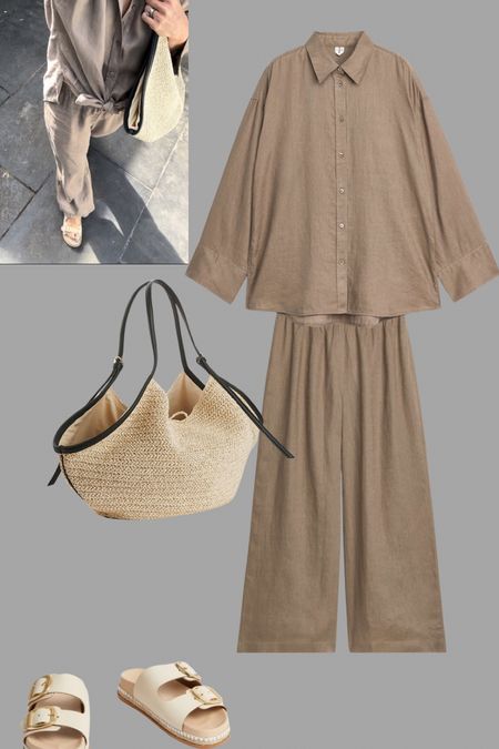 Coffee linen with pale chunky sandals and a straw tote

#LTKeurope #LTKover40