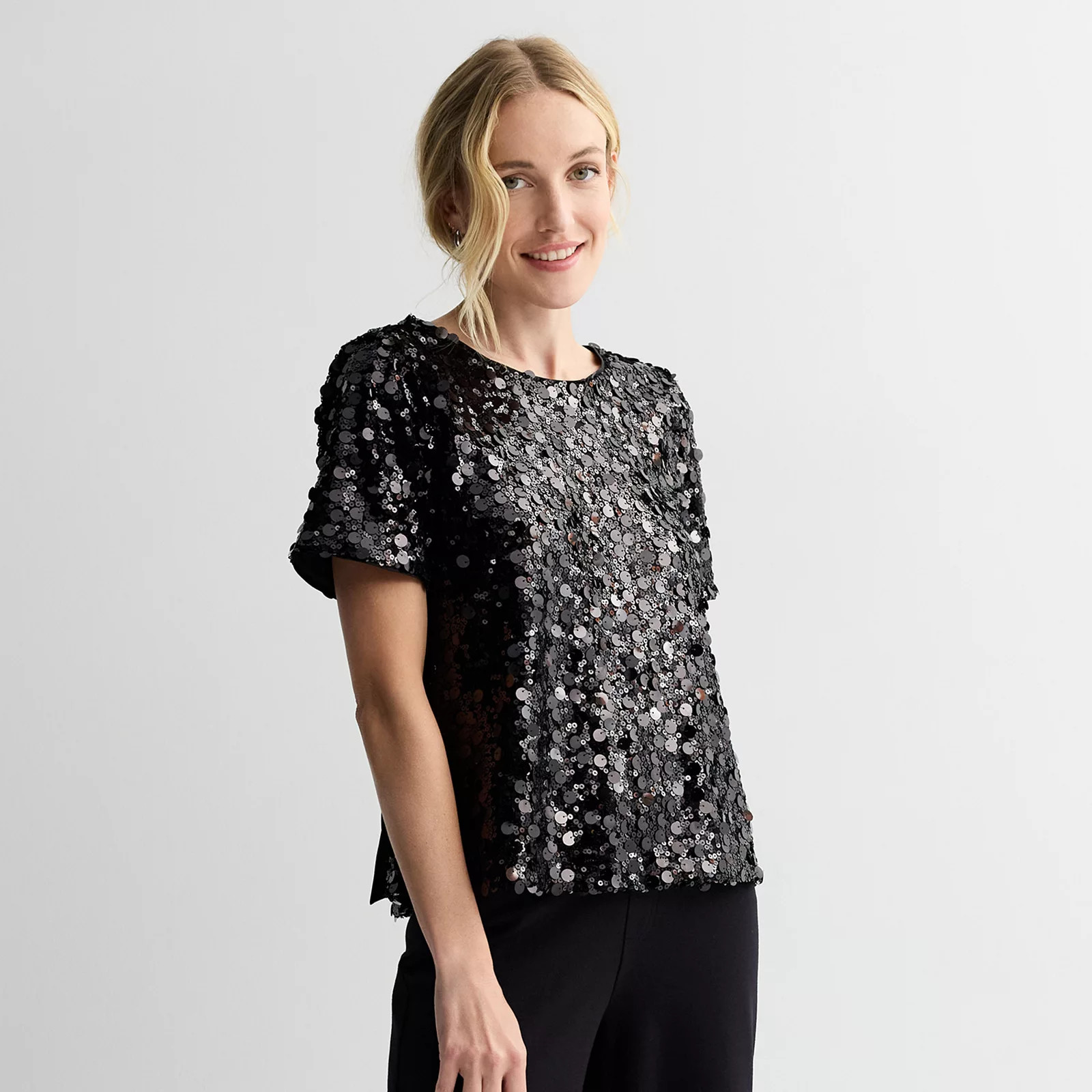Women's Nine West Short Sleeve Sequin Party Top, Size: XS, Mineral Black | Kohl's